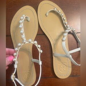 Tory Burch Cream Sandals with Pearl Accents